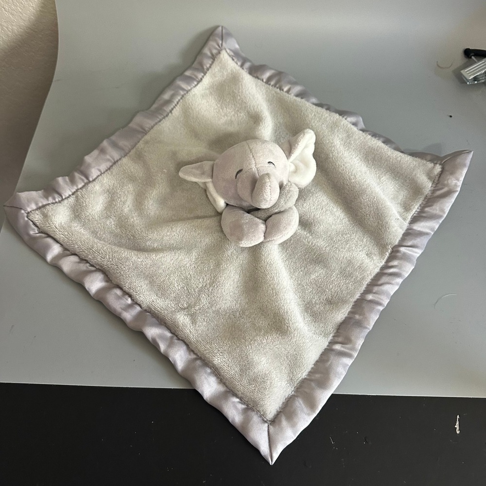 Carters Elephant Security Blanket Gray Plush Satin Trim Lovey Baby Snuggle Toy